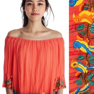 Ivy Jane Orange Stripe Off Shoulder Trumpet Sleeve Embroidered Bird Blouse XS